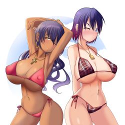 2girls absurdres armpits arms_behind_back arms_behind_head bikini blush breasts character_request cleavage covered_erect_nipples cross cross_necklace dark-skinned_female dark_skin grey_eyes half-closed_eye highres jewelry large_breasts legs long_hair looking_at_viewer multiple_girls navel navel_piercing necklace one_eye_closed piercing purple_hair red_bikini red_hair seductive_gaze seductive_smile side-tie_bikini_bottom smile swimsuit thighs underboob wink yellow_eyes
