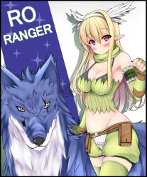 1girl belt belt_pouch black_bra blonde_hair blush bra bra_strap breasts brown_belt character_name cleavage clip_studio_paint_(medium) commentary_request cowboy_shot elbow_gloves fake_wings feathered_wings fingerless_gloves gloves green_gloves green_scarf green_shorts green_thighhighs green_tube_top hair_intakes hairband head_wings highres large_breasts long_hair looking_at_viewer midriff navel open_mouth pointy_ears pouch ragnarok_online ranger_(ragnarok_online) scarf senra_banshou shorts sidelocks solo strapless thighhighs tube_top underwear white_hairband white_wings wings wolf