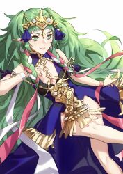 1girl bare_shoulders bikini_boody braid breasts closed_mouth commentary dress english_commentary fire_emblem fire_emblem:_three_houses green_eyes green_hair highres jewelry long_hair looking_at_viewer nintendo pointy_ears purple_dress simple_background sleeveless sleeveless_dress small_breasts smile solo sothis_(fire_emblem) twin_braids twintails very_long_hair white_background