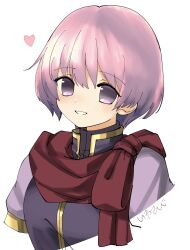 1girl blush commentary fire_emblem fire_emblem:_new_mystery_of_the_emblem hair_between_eyes heart highres katarina_(fire_emblem) looking_at_viewer nintendo puffy_short_sleeves puffy_sleeves purple_eyes purple_hair purple_shirt shirt short_hair short_sleeves smile solo studio_sugimoto symbol-only_commentary upper_body white_background