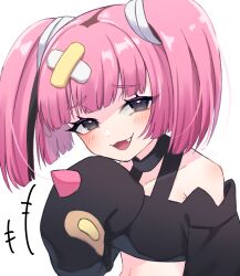 +++ 1girl amakusa_setoka bandaid bandaid_on_head bare_shoulders black_choker black_eyes black_shirt blush choker collarbone commentary_request coral_(pokemon) crop_top crossed_bandaids dot_nose fang furrowed_brow highres long_sleeves looking_at_viewer medium_hair midriff nintendo off-shoulder_shirt off_shoulder open_mouth pink_hair pokemon pokemon_(anime) pokemon_horizons shirt simple_background sleeves_past_fingers sleeves_past_wrists smile smug solo twintails upper_body white_background