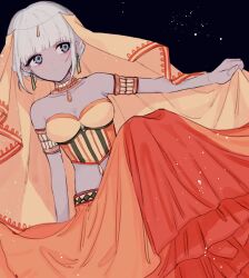 1girl absurdres aithia alternate_hairstyle alternate_skin_color armlet bare_shoulders black_background blush braid braided_bun breasts cleavage collarbone danganronpa_(series) danganronpa_10th_anniversary_costume danganronpa_v3:_killing_harmony earrings floating_earring grey_eyes hair_bun highres holding_veil jewelry long_skirt looking_to_the_side medium_breasts midriff necklace official_alternate_costume orange_veil skirt solo strapless upper_body veil white_hair yonaga_angie