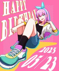 1girl aubrey_(faraway)_(omori) aubrey_(omori) black_socks blue_eyes blue_hairband blue_skirt crop_top dated denim denim_skirt hairband happy_birthday highres jacket long_hair long_sleeves looking_at_viewer omori open_mouth pink_hair rami_1300 shoes skirt smile sneakers socks solo teeth upper_teeth_only white_jacket