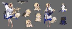 0nel606 1girl back barefoot blonde_hair blue_eyes coat flower full_body grey_background hair_flower hair_ornament highres long_hair looking_at_viewer multiple_views original panties red_flower red_rose rose simple_background solo tail underwear white_coat white_panties