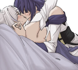 2girls arms_around_neck blush commentary honkai_(series) honkai_impact_3rd imminent_kiss kiana_kaslana multiple_girls off_shoulder on_bed parted_lips purple_hair raiden_mei shirt simple_background sweatdrop syonosuke9573 white_background white_hair white_shirt yuri