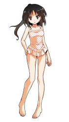 1girl alphes_(style) alternate_costume bare_arms bare_legs bare_shoulders barefoot black_eyes black_hair breasts casual_one-piece_swimsuit collarbone commentary_request dairi full_body hair_up hakurei_reimu hand_on_own_hip legs_apart looking_at_viewer medium_breasts no_hair_bow no_hair_ornament one-piece_swimsuit open_mouth parody polka_dot polka_dot_swimsuit ponytail silent_sinner_in_blue small_sweatdrop solo standing style_parody swimsuit tachi-e touhou touhou_bougetsushou transparent_background white_one-piece_swimsuit