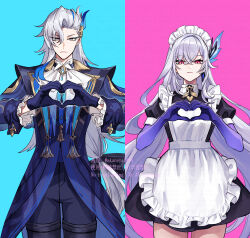 Rule 34 | 1boy, 1girl, alternate costume, apron, black dress, blue eyes, blue hair, commentary request, dress, enmaided, frilled apron, frilled hairband, frills, frown, genshin impact, grey hair, hair between eyes, hair ornament, hairband, heart, heart hands, highres, long hair, long sleeves, looking at viewer, maid, maid headdress, multicolored hair, neuvillette (genshin impact), ojo aa, pointy ears, prosthesis, prosthetic arm, purple eyes, red eyes, simple background, skirk (genshin impact), solo, streaked hair, very long hair, watermark, white apron, white background, white hair, white hairband
