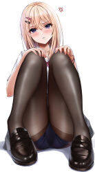 Rule 34 | 1girl, anger vein, angry, ass, black pantyhose, blonde hair, blue buruma, blue socks, blush, bow, bowtie, buruma, collarbone, collared shirt, hair between eyes, hair ornament, hairclip, hands on own knee, highres, loafers, long hair, looking at viewer, original, pantyhose, purple eyes, red bow, red bowtie, school uniform, shiny skin, shirt, shoes, short sleeves, simple background, sitting, socks, solo, thighs, white background, white shirt, yukemuriganmo
