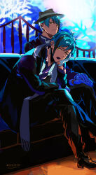 2boys absurdres aqua_hair black_coat black_hair black_hat black_pants black_shoes blue_background blue_gloves blue_shirt bow bowtie closed_mouth coat commentary_request crossed_legs earrings feet_out_of_frame floyd_leech full_body glove_cutout gloves hair_between_eyes hand_on_own_face hand_on_own_thigh hat highres jade_leech jewelry looking_at_viewer male_focus multicolored_hair multiple_boys nana_tetra open_mouth pants purple_scarf purple_shirt scarf sharp_teeth shirt shoes short_hair single_earring sitting streaked_hair teeth twisted_wonderland twitter_username two-tone_hair upper_teeth_only white_bow white_bowtie white_gloves yellow_eyes