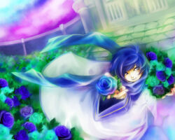 1boy blue_flower blue_hair blue_rose blue_scarf bouquet closed_mouth coat commentary_request cowboy_shot flower holding holding_bouquet kaito_(vocaloid) looking_to_the_side male_focus outdoors pazy purple_flower purple_rose purple_sky rose scarf short_hair sky smile solo vocaloid white_coat