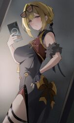 1girl :o absurdres black_dress black_gloves blonde_hair blush breasts cellphone china_dress chinese_clothes commentary_request cosplay dress evelyn_chevalier eyewear_on_head fingerless_gloves from_side gloves hair_up hand_on_own_hip highres holding holding_phone large_breasts mirror_selfie phone purple_eyes single_fingerless_glove sleeveless sleeveless_dress smartphone solo sweety_(zenless_zone_zero) sweety_(zenless_zone_zero)_(cosplay) tinted_eyewear yato_(yama0x1) yellow-tinted_eyewear zenless_zone_zero