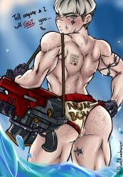 1girl absurdres adepta_sororitas angry back bikini bikini_bottom_only blue_eyes bolter clenched_teeth english_text facial_tattoo fleur-de-lis gloves gun gun_sling hand_on_own_hip highres looking_at_viewer looking_back merry_remembrancer muscular muscular_female scar scar_on_face short_hair swimsuit tattoo teeth thick_thighs thighs warhammer_40k water weapon