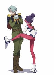 1boy 1girl aged_down akachannosatui amate_yuzuriha beanie black_hat boots capelet challia_bull closed_eyes commentary_request epaulettes facial_hair foot_kabedon gloves green_hair gundam gundam_gquuuuuux hat highres jacket kabedon long_sleeves mecha_pilot_suit military_uniform mustache normal_suit_(gundam) pants red_hair short_hair
