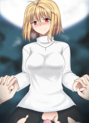 Rule 34 | 1boy, 1girl, arcueid brunestud, black pantyhose, blonde hair, blush, censored, closed mouth, clothed sex, cowgirl position, girl on top, hetero, holding hands, imminent penetration, jewelry, looking at viewer, melty blood, moon, moonlight, necklace, night, night sky, pantyhose, penis, red eyes, riding, sex, shirt, short hair, sky, smile, straddling, sweat, sweatdrop, syou (crecre), torn clothes, torn legwear, tsukihime, tsukihime (remake), type-moon, vaginal, white shirt