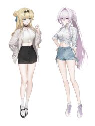 Rule 34 | 2girls, absurdres, alternate costume, baiser3rd, black choker, black shoes, black shorts, blonde hair, blue eyes, breasts, choker, denim, denim shorts, eyewear on head, full body, hair intakes, high-waist shorts, highres, honkai (series), honkai impact 3rd, jacket, jewelry, large breasts, long hair, midriff, multiple girls, navel, necklace, purple eyes, purple shoes, round eyewear, shirt, shoes, shorts, simple background, smile, socks, songque, sunglasses, thelema nutriscu, white background, white hair, white jacket, white shirt, white socks