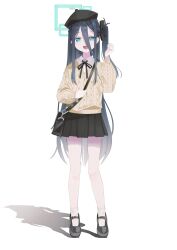 absurdres alternate_costume aqua_halo aris_(blue_archive) bag beret black_hair black_hat black_ribbon black_skirt blue_archive blue_eyes bow full_body hair_ribbon halo hat highres long_hair long_sleeves marks_(dmhunsu10) mary_janes open_mouth ribbon shadow shirt shoes shoulder_bag side_ponytail skirt smile socks standing sweater_vest white_background white_shirt white_socks