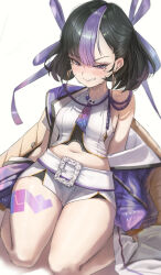 1girl absurdres black_hair blush breasts clenched_teeth crying crying_with_eyes_open goddess_of_victory:_nikke hair_ribbon highres jacket jindogod leg_tattoo looking_at_viewer midriff mole mole_under_eye multicolored_hair navel necktie purple_eyes purple_hair purple_jacket purple_ribbon ribbon shirt short_hair short_necktie short_shorts shorts simple_background single_bare_shoulder single_off_shoulder sitting sleeveless sleeveless_shirt small_breasts solo streaked_hair syuen_(nikke) tattoo tears teeth thighs wariza white_background white_shirt white_shorts