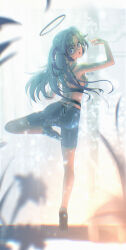 1girl ass black_halo black_shorts blue_archive breasts from_behind full_body halo highres long_hair mechanical_halo medium_breasts purple_eyes purple_hair shoes shorts sneakers solo soramiruku sports_bra standing two_side_up yuuka_(blue_archive)