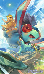 absurdres blue_sky buizel claws cloud commentary commission english_commentary fangs flygon flying gen_3_pokemon gen_4_pokemon highres holding holding_map horizon map nintendo no_humans pokemon pokemon_(creature) pokemon_mystery_dungeon sky sun thank_you wings yamaori_(hakkentai_pokedan)