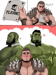 3boys abs bara bare_pectorals beard blush bow bowtie buzz_cut chest_harness colored_skin detached_collar dopey_(dopq) facial_hair fangs fantasy green_skin harness heart highres interspecies large_pectorals male_focus mature_male monster_boy multiple_boys muscular muscular_male nipples orc original paid_reward_available paper pectorals playboy raised_eyebrow reading short_hair size_difference speech_bubble stomach thick_eyebrows thick_thighs thighs thought_bubble undercut very_short_hair waiter warrior yaoi