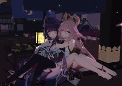 2girls absurdres anklet architecture armor asahiv barefoot black_legwear blunt_bangs blurry book bow braid breasts building cameo cleavage commentary_request depth_of_field detached_sleeves east_asian_architecture genshin_impact hair_between_eyes hair_bow hair_ornament hair_ribbon highres holding holding_book japanese_clothes jewelry knees_together_feet_apart long_hair long_sleeves looking_at_another low-tied_long_hair low_ponytail lumine_(genshin_impact) mitsudomoe_(shape) multiple_girls night night_sky obi petals pink_hair ponytail purple_eyes purple_hair raiden_shogun ribbon ribbon-trimmed_sleeves ribbon_trim sash shoulder_armor sideboob sidelocks single_braid sitting sky smile thighhighs tomoe_(symbol) vision_(genshin_impact) wide_sleeves yae_miko yuri zettai_ryouiki