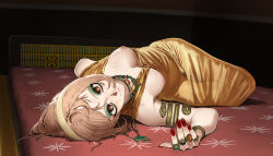 1girl alternate_costume armlet body_freckles brown_eyes clio_aite closed_mouth commentary dress english_commentary freckles full_body gold_dress hairband highres jewelry lying multiple_rings necklace nipples on_back on_bed phase_connect pubic_hair pzkpfwi red_nails ring scar scar_across_eye scar_on_face see-through_clothes see-through_dress snake_armlet solo virtual_youtuber