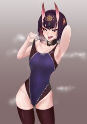 1girl absurdres alternate_costume armpits bare_shoulders blunt_bangs bob_cut collarbone competition_swimsuit detached_collar eyeliner fangs fate/grand_order fate_(series) groin highres horns makeup one-piece_swimsuit oni purple_eyes purple_hair s4ika short_eyebrows short_hair shuten_douji_(fate) skin-covered_horns solo steaming_body swimsuit tongue tongue_out