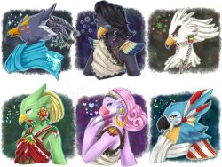 2girls 4boys amali_(zelda) armor artist_name beak bird_boy bird_girl black_fur black_hair blisserooni blonde_hair blue_eyes blue_fur blue_hair blue_scarf blush_stickers body_fur border breastplate closed_mouth crop_top drop_shadow earrings feather_hair_ornament feathers from_side furry furry_female furry_male gears gem green_eyes green_fur grey_fur hair_ornament hair_ribbon hair_tie hair_tubes half-closed_eyes happy harth_(zelda) headband heart highres hoop_earrings jewelry kass looking_at_viewer mature_female multiple_boys multiple_girls musical_note nintendo open_mouth outline outside_border pink_hair portrait profile purple_fur quad_tails red_feathers red_gemstone red_shirt revali ribbon rito saki_(zelda) scarf shirt short_hair shoulder_pads sleeveless sleeveless_shirt smile smug snowflakes solo sparkle teba_(zelda) the_legend_of_zelda the_legend_of_zelda:_breath_of_the_wild twitter_username two-tone_fur upper_body watermark white_border white_fur white_hair white_headband white_outline white_scarf white_shirt yellow_eyes yellow_fur yellow_ribbon
