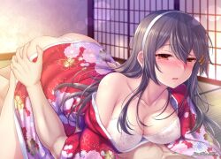 1boy 1girl alternate_costume ass blush bra breasts cleavage clothed_female_nude_male commentary_request floral_print grey_hair hair_ornament hairband hairclip half-closed_eyes haruna_(kancolle) hetero implied_sex indoors japanese_clothes kantai_collection kimono long_hair nose_blush nude orange_eyes panties parted_lips red_kimono ryu-akt solo_focus tatami underwear white_bra white_hairband white_panties
