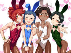 4boys animal_ears black_hair blue_hair blue_leotard blue_neckwear bow bowtie brown_legwear bulge cowboy_shot crossdressing dark-skinned_male dark_skin detached_collar closed_eyes fake_animal_ears green_leotard green_neckwear gundam gundam_build_fighters iori_sei leotard looking_at_viewer male_focus male_playboy_bunny multiple_boys nagiichi nils_nielsen pantyhose playboy_bunny rabbit_ears rabbit_tail red_hair red_leotard red_neckwear reiji_(gundam_bf) strapless strapless_leotard tail white_leotard white_neckwear wrist_cuffs yasaka_mao yellow_eyes