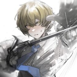 Rule 34 | 1boy, blonde hair, blue necktie, cavalier hat, fencing, gloves, hat, holding, holding sword, holding weapon, limbus company, long sleeves, looking at viewer, necktie, project moon, rapier, s661479361148, shirt, sinclair (project moon), solo, sparkle, sword, weapon, white background, white gloves, white shirt, yellow eyes
