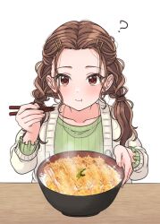 Rule 34 | 1girl, ?, brown eyes, brown hair, cardigan, character request, chopsticks, closed mouth, commentary request, copyright request, eating, food request, green shirt, highres, holding, holding chopsticks, long hair, long sleeves, mariabowl, open cardigan, open clothes, shirt, solo, upper body, white background
