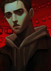 1boy bags_under_eyes black_coat brown_eyes brown_hair cellar_art character_request coat copyright_request hair_slicked_back highres hood hood_down hoodie male_focus open_mouth partially_shaded_face red_background solo string_of_photos teeth upper_body upper_teeth_only