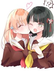 !? 2girls ;o @_@ absurdres black_hair blunt_bangs blunt_ends blush bob_cut breasts brown_dress cerise_bouquet commentary_request cropped_torso dress hair_ornament hasu_no_sora_school_uniform heart highres hinoshita_kaho imminent_kiss link!_like!_love_live! long_sleeves love_live! medium_breasts medium_hair momose_ginko multiple_girls neckerchief nose_blush one_eye_closed open_mouth orange_hair rabbit_hair_ornament red_neckerchief ririn_(ririn_501) sailor_collar sailor_dress school_uniform short_hair simple_background spoken_interrobang twitter_username two_side_up upper_body v-shaped_eyebrows virtual_youtuber white_background white_sailor_collar winter_uniform yellow_neckerchief yuri