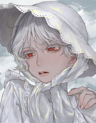 1girl absurdres albino colored_eyelashes dress expressionless hat highres looking_to_the_side original overcast parted_lips red_eyes short_hair sky solo tayumeru upper_body white_dress white_hair