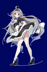 1girl absurdres ahoge ankle_socks apron ass black_dress black_hairband black_shoes blue_background blue_bow blue_eyes blue_hair blue_nails blush bow breasts commentary dress fingernails floating_hair frilled_apron frilled_dress frilled_socks frilled_thigh_strap frills glint gradient_hair grey_hair grin hair_intakes hairband high_heels highres long_fingernails long_hair looking_at_viewer maid medium_breasts mole mole_on_ass multicolored_hair nail_polish original outline puffy_short_sleeves puffy_sleeves rosem_lin shoes short_sleeves simple_background smile socks solo standing symbol-only_commentary thigh_strap two-tone_hair underbutt very_long_hair waist_apron white_apron white_outline white_socks