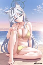 1girl absurdres alternate_costume bare_arms bare_legs bare_shoulders barefoot beach bikini blue_archive blue_eyes breasts cleavage closed_mouth cosplay cross_hair_ornament extra_ears f0rum7v feet grey_hair hair_between_eyes hair_ornament highres knee_up large_breasts legs long_hair looking_at_viewer midriff navel nonomi_(blue_archive) nonomi_(blue_archive)_(cosplay) ocean outdoors partially_visible_vulva shiroko_(blue_archive) shiroko_terror_(blue_archive) sidelocks sitting smile solo stomach swimsuit toenails toes yellow_bikini