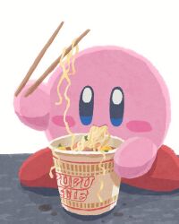 blue_eyes blush_stickers chopsticks commentary cup_ramen eating food highres holding holding_chopsticks kirby kirby_(series) miclot nintendo no_humans noodles solo white_background