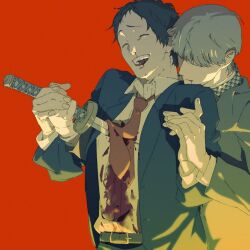 2boys adachi_tooru belt belt_buckle black_jacket blood blood_on_clothes blood_on_face buckle closed_eyes dress_shirt grey_hair grey_jacket hand_on_another&#039;s_hand holding holding_hands holding_sword holding_weapon houndstooth impaled jacket katana lapels laughing layered_sleeves long_sleeves male_focus multiple_boys narukami_yu necktie nosebleed open_clothes open_jacket open_mouth persona persona_4 red_background red_necktie shirt short_hair simple_background sword teeth upper_body upper_teeth_only violence weapon xxts002xv