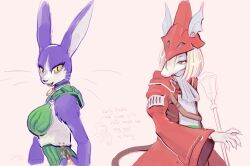 .hack// .hack//games 3girls armor artist_self-insert bob_cut bramblefix breastplate commentary crossover english_commentary english_text final_fantasy final_fantasy_ix freija_crescent furry furry_female green_eyes helmet implied_yuri medium_hair mia_(.hack//) mouse_girl multiple_girls rabbit_girl simple_background staff whiskers yellow_eyes