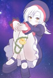 Rule 34 | 1girl, beret, brown eyes, closed mouth, commission, dress, elizabeth (wild arms), flower, frilled dress, frills, full body, grey hair, hat, highres, juliet sleeves, long hair, long sleeves, looking at viewer, mikoko1, puffy sleeves, purple dress, purple hat, purple shoes, purple sleeves, rose, shoes, skeb commission, smile, solo, space, star (sky), strapless, strapless dress, thorns, wild arms, wild arms 1, yellow flower, yellow rose