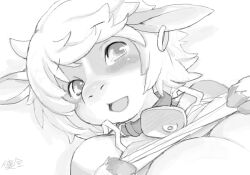 1girl animal_hands bell body_fur breasts camisole clothes_lift cow_girl cowbell ear_piercing furry furry_female greyscale hooves horns kikurage_(crayon_arts) large_breasts looking_at_viewer lying monochrome neck_bell on_back original piercing shirt_lift simple_background solo upper_body white_background