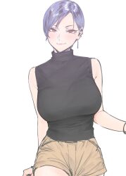 1girl bare_shoulders black_shirt blue_hair blush breasts closed_mouth commentary_request earrings goshiki_suzu highres jewelry large_breasts looking_at_viewer mole mole_under_eye orange_shorts original red_eyes shirt short_hair shorts simple_background single_earring sleeveless sleeveless_shirt sleeveless_turtleneck solo turtleneck white_background