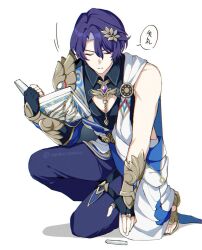 Rule 34 | 1boy, amata (amaxtamax), ancient greek clothes, armor, artist name, black gloves, black shirt, blue pants, book, chalk, cleavage cutout, closed eyes, clothing cutout, collared shirt, commentary request, dr. ratio (honkai: star rail), eyeliner, fingerless gloves, gem, gloves, greco-roman clothes, hair between eyes, hair ornament, hand up, highres, holding, holding book, honkai: star rail, honkai (series), kneeling, makeup, male focus, on one knee, open book, pants, parted bangs, parted lips, pauldrons, purple gemstone, purple hair, red eyeliner, sandals, shirt, short hair, shoulder armor, simple background, single pauldron, sleeveless, sleeveless shirt, solo, speech bubble, thigh strap, translation request, twitter username, vambraces, white background, wing collar