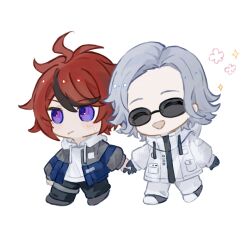2boys ahoge aotsuki_eito asako_(pixiv_5702576) black_gloves black_hair black_pants blush closed_eyes coat commentary embarrassed flipped_hair flower frown full_body gloves grey_hair grey_jacket highres holding_hands hood hoodie jacket male_focus multicolored_hair multiple_boys open_mouth pants red_hair shoes simple_background smile sparkle spoilers streaked_hair sumino_takumi sunglasses the_hundred_line_-last_defense_academy- white_background white_coat white_hoodie white_shoes yaoi