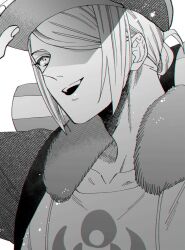 Rule 34 | 1boy, adjusting clothes, adjusting headwear, arm up, newsboy cap, commentary request, fur trim, ginkgo guild uniform, greyscale, hair bun, hair over one eye, hat, highres, looking to the side, male focus, monochrome, nintendo, one eye covered, open mouth, pokemon, pokemon legends: arceus, sideways glance, simple background, single hair bun, solo, teeth, upper body, upper teeth only, volo (pokemon), white background, wokome
