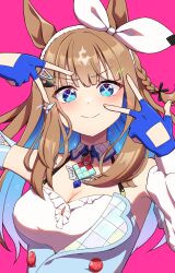 Rule 34 | + +, 1girl, almond eye (umamusume), animal ears, blue eyes, blue gloves, blue hair, breasts, brown hair, cleavage, closed mouth, commentary, fingerless gloves, gloves, hairband, highres, horse ears, horse girl, long hair, multicolored hair, pink background, simple background, smile, solo, terumasa (amanoy), two-tone hair, umamusume, upper body, white hairband