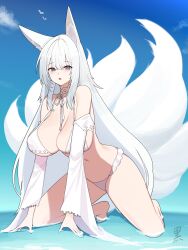 1girl absurdres all_fours animal_ears azur_lane bare_shoulders barefoot bikini breasts cleavage detached_sleeves fox_ears fox_girl fox_tail highres kurowanjjyang large_breasts long_hair looking_at_viewer multiple_tails navel ocean open_mouth purple_eyes shinano_(azur_lane) sidelocks solo swimsuit tail very_long_hair white_bikini white_hair white_sleeves