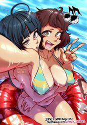 2girls absurdres bikini blue_hair breasts brown_eyes brown_hair candy commentary english_commentary food haysey highres holding holding_candy holding_food holding_lollipop kawakami_sadayo large_breasts lollipop lollipop_in_mouth looking_at_viewer multiple_girls musical_note open_mouth paid_reward_available persona persona_5 red_innertube smile striped_bikini striped_clothes surprised swimsuit takemi_tae teeth v water watermark