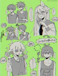 ... 1girl 4boys antenna_hair arrow_(symbol) artist_name aubrey_(faraway)_(omori) aubrey_(omori) basil_(faraway)_(omori) basil_(omori) chibi chibi_inset collarbone collared_shirt flower green_background greyscale_with_colored_background hairband hero_(faraway)_(omori) hero_(omori) kel_(faraway)_(omori) kel_(omori) long_hair looking_at_another multiple_boys omori open_mouth outinokaden parted_lips personality_switch rose shirt short_hair short_sleeves simple_background speech_bubble spoken_ellipsis sunny_(omori) sweater sweater_vest teeth translation_request upper_teeth_only